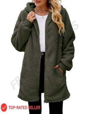 Oversized Sherpa Zip Up Fleece Jacket Hooded Fuzzy Winter Coat